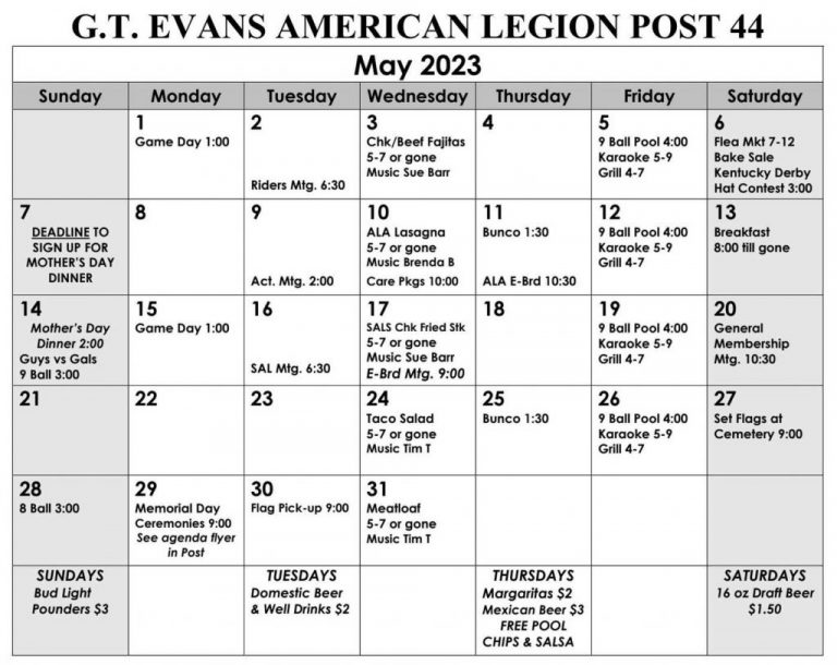 American Legion Post 44 Events Calendar G T Evans Post #44