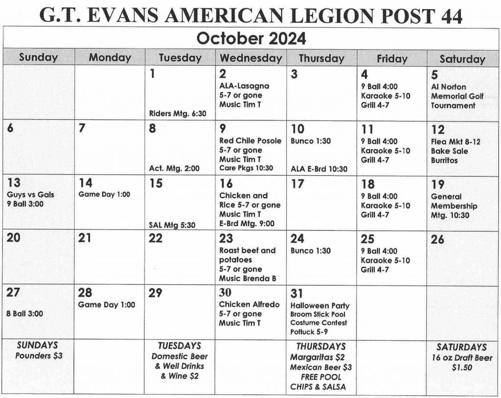 American Legion Post 44 Calendar