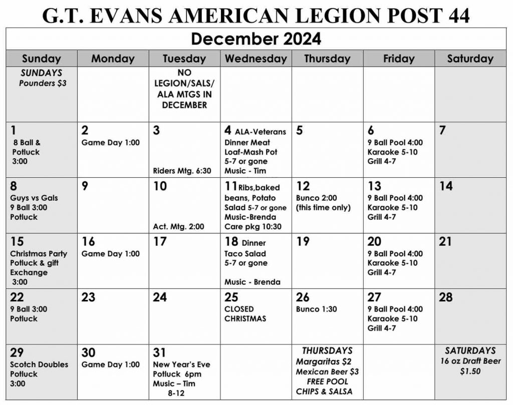 American Legion Elephant Butte events calendar December 2024