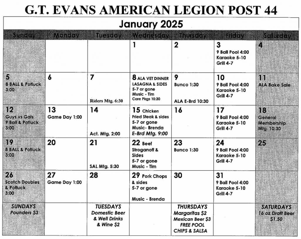 American Legion Elephant Butte events calendar January 2025